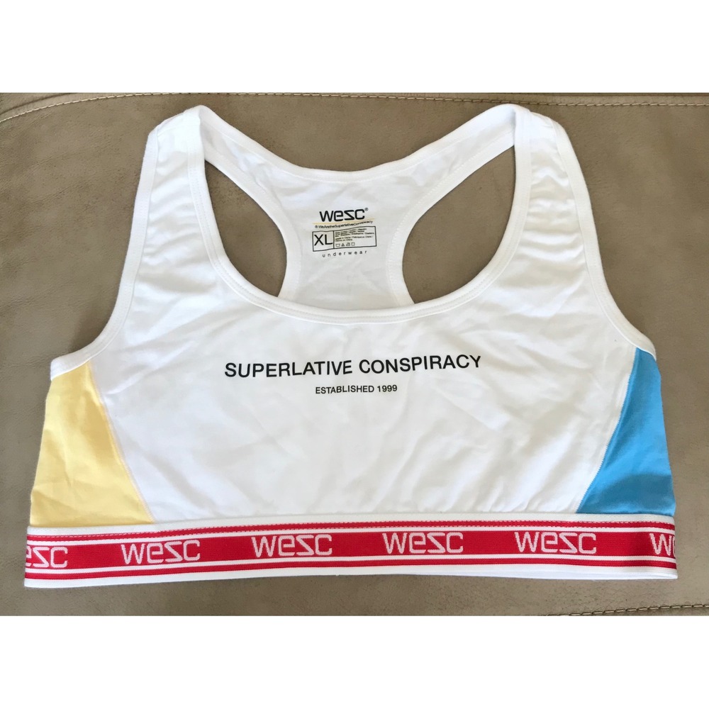 WeSC‎ Superlative Conspiracy Sports Bra XL White Colorblock Racerback Bralette